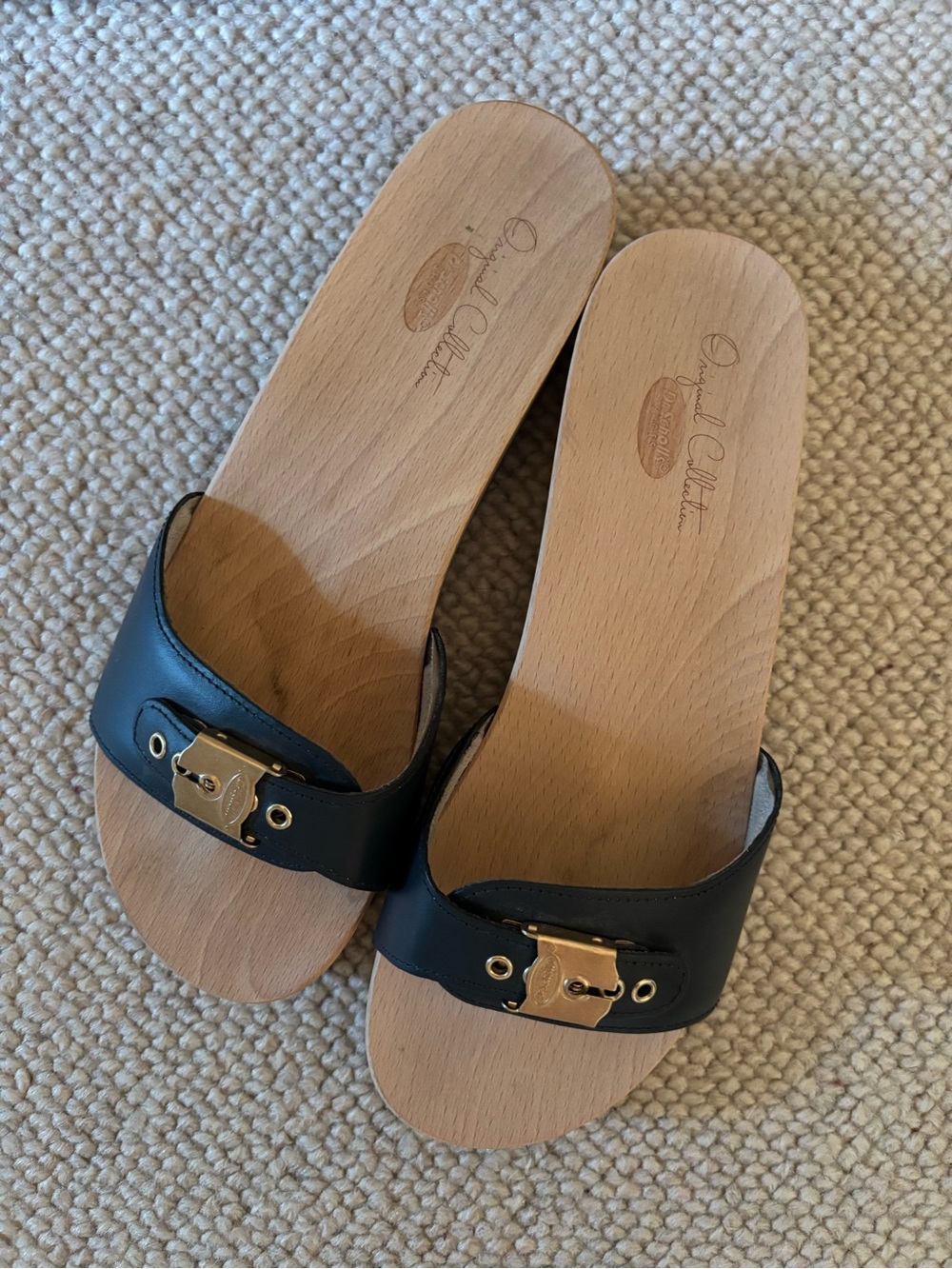 Dr. Scholl's Blue Leather Slide Mules with Gold Buckle